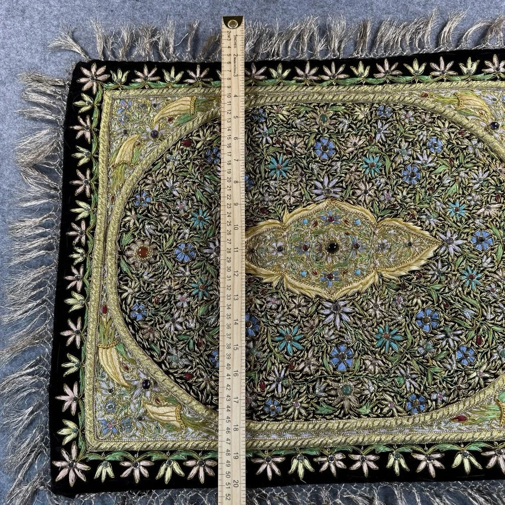 Vintage India Embroidered Wall Hanging Tapestry Beaded Ornate Black Gold Velvet